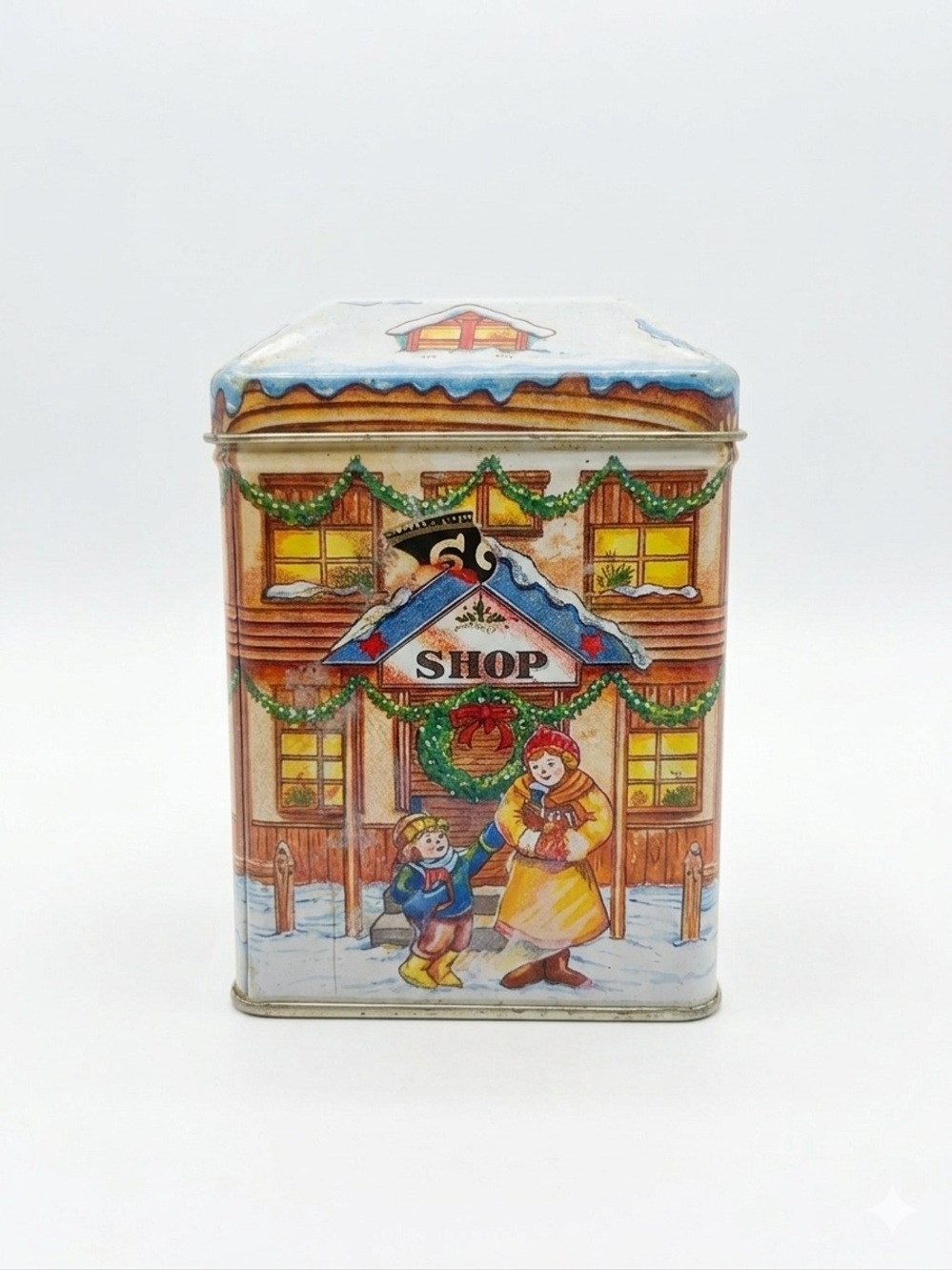 Vintage Christmas Holiday Shop Metal Tin Decorative Storage 3.5"